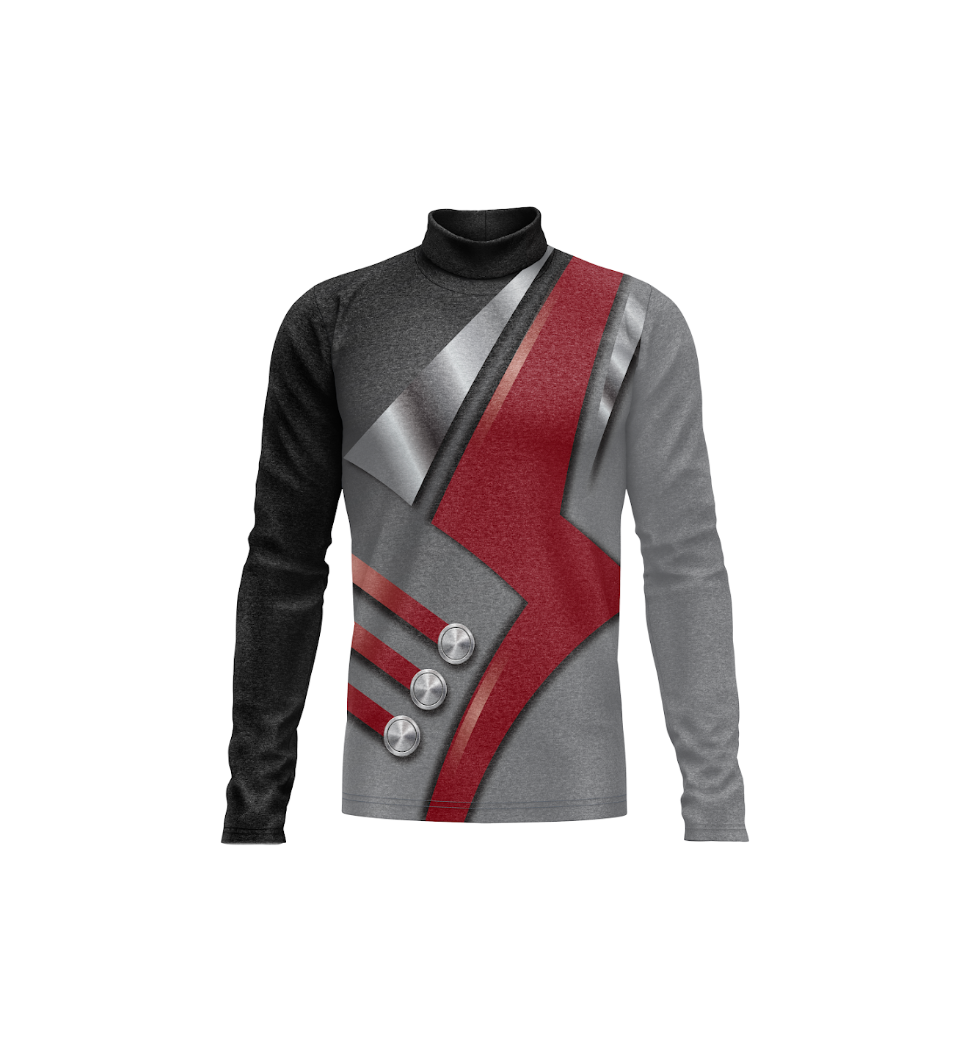 Gray long-sleeve shirt with red and silver design on a white background