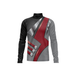 Gray long-sleeve shirt with red and silver design on a white background