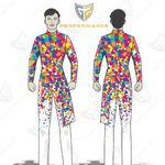 Colorful jumpsuit with a brand logo on a white background