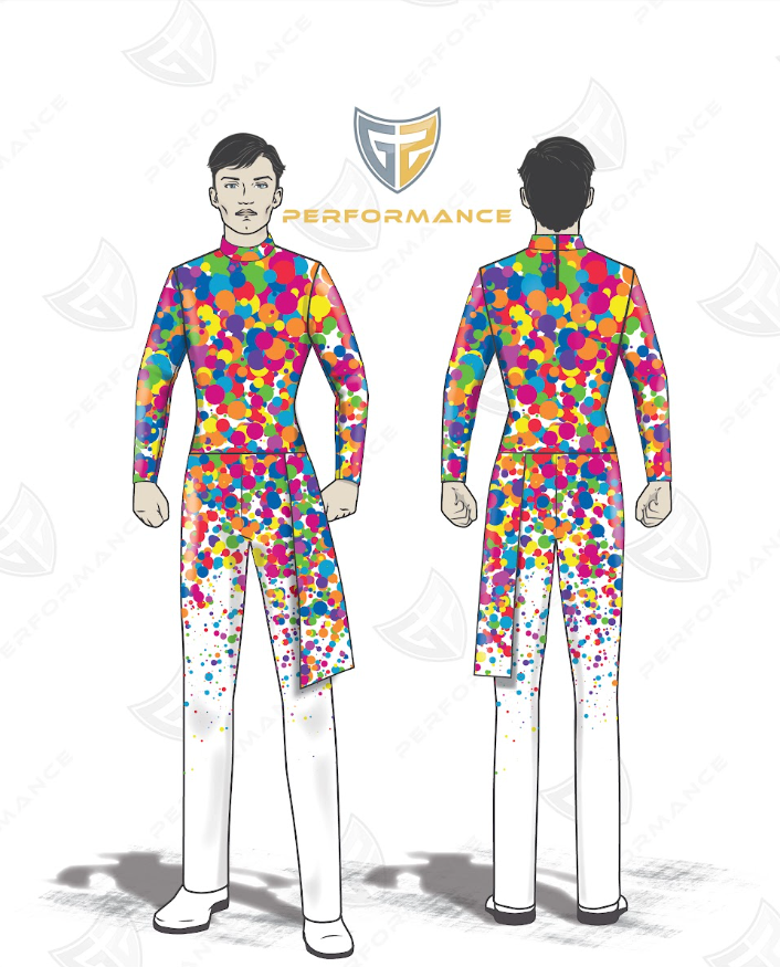 Colorful jumpsuit with a brand logo on a white background