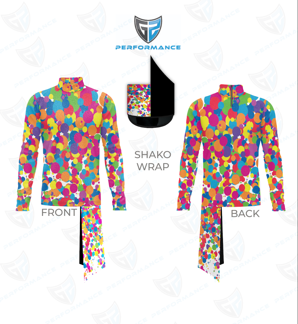 Colorful patterned jacket with front and back views on a white background, featuring 'Performance' branding.