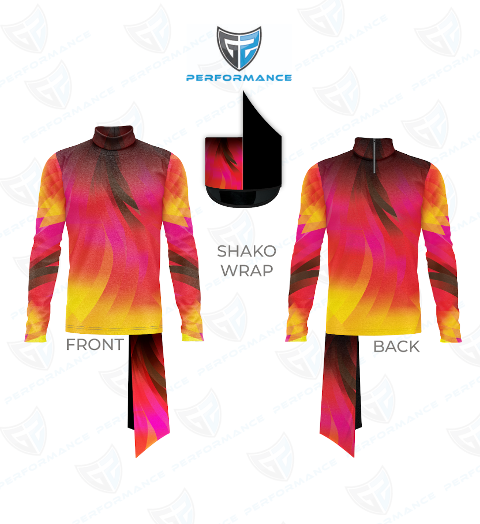 Colorful shirt with shako wrap design on a white background, featuring Performance logo.