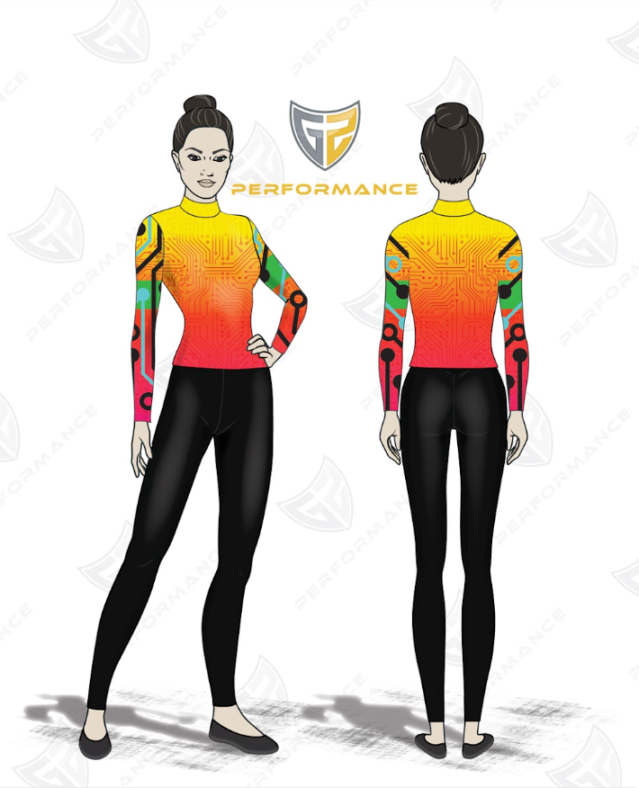 Colorful athletic outfit with gradient design on a white background