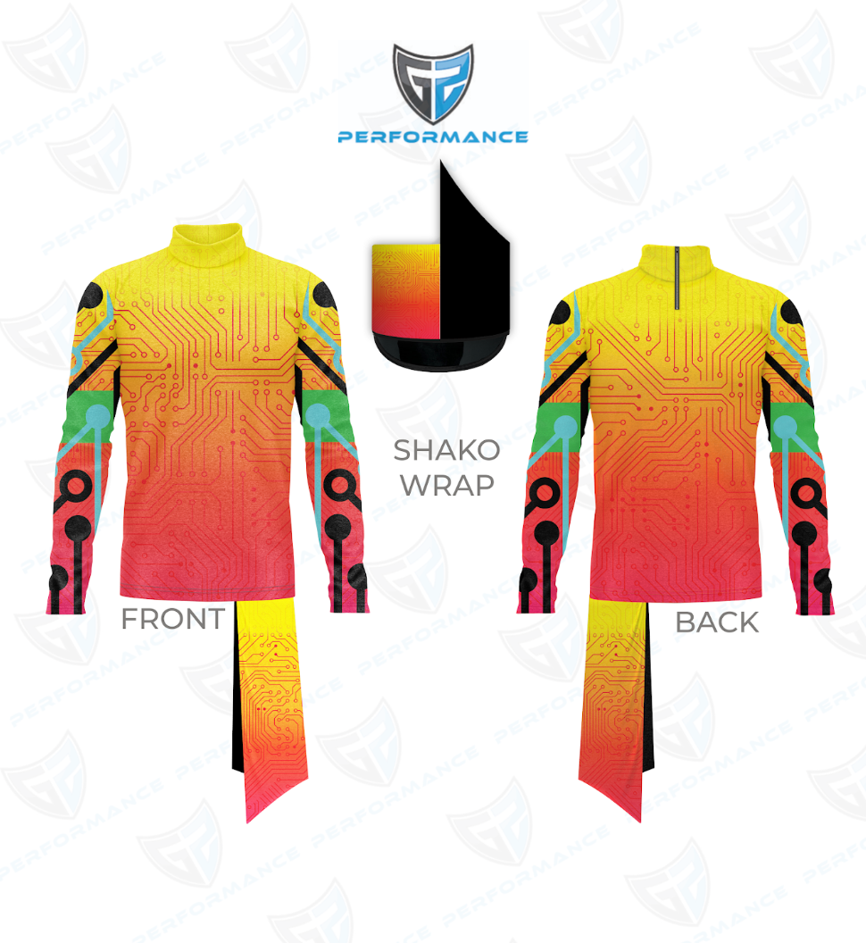 Colorful shako wrap design with front and back views on a white background, featuring the Performance logo.