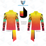 Colorful shako wrap design with front and back views on a white background, featuring the Performance logo.