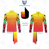 Colorful shako wrap design with front and back views on a white background, featuring the Performance logo.