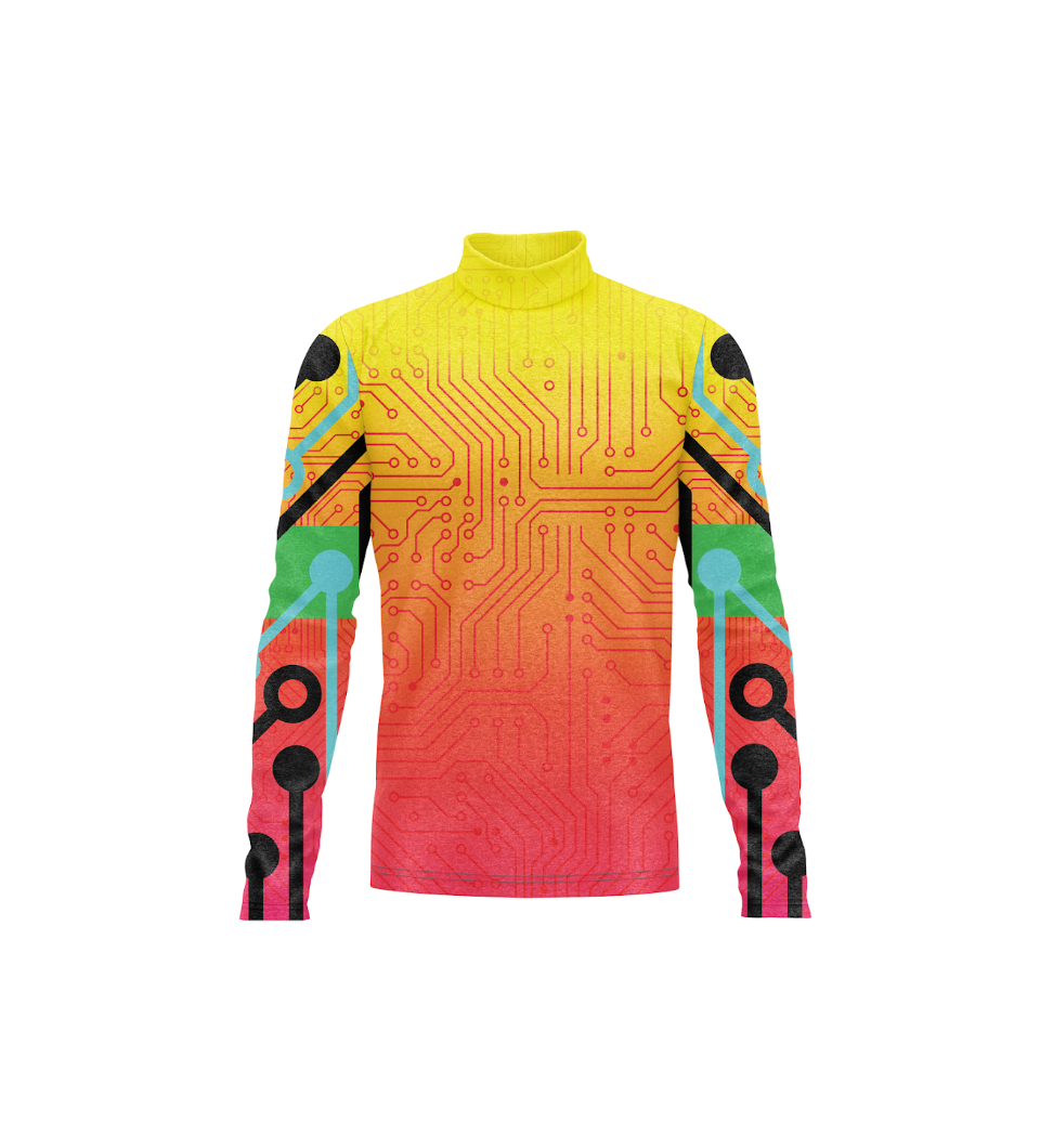 Colorful long-sleeve shirt with circuit board pattern on a white background