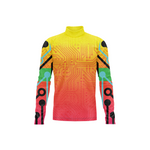 Colorful long-sleeve shirt with circuit board pattern on a white background