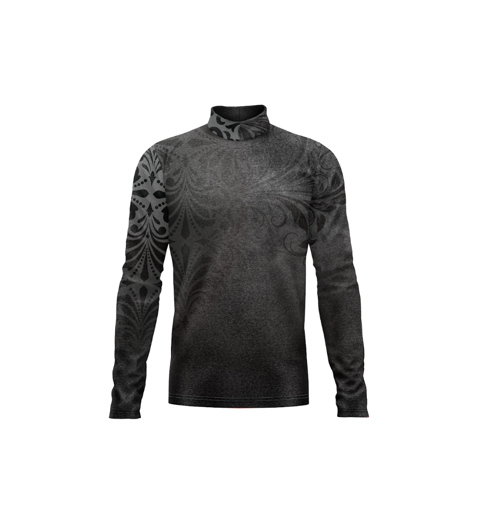 Black long-sleeve shirt with intricate pattern on a white background