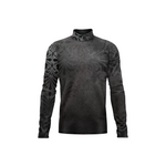 Black long-sleeve shirt with intricate pattern on a white background
