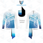 Shako wrap with blue and white design on a white background, featuring 'Performance' branding.