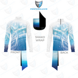 Shako wrap with blue and white design on a white background, featuring 'Performance' branding.