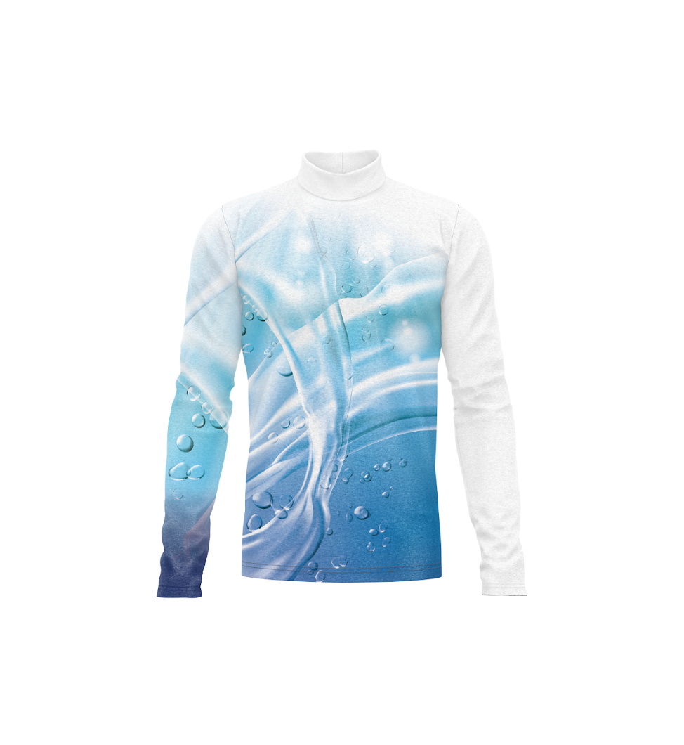 Long-sleeve shirt with a blue and white abstract design on a white background