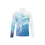Long-sleeve shirt with a blue and white abstract design on a white background