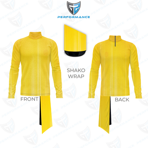 Yellow shako wrap with front and back views on a white background, featuring the Performance logo.