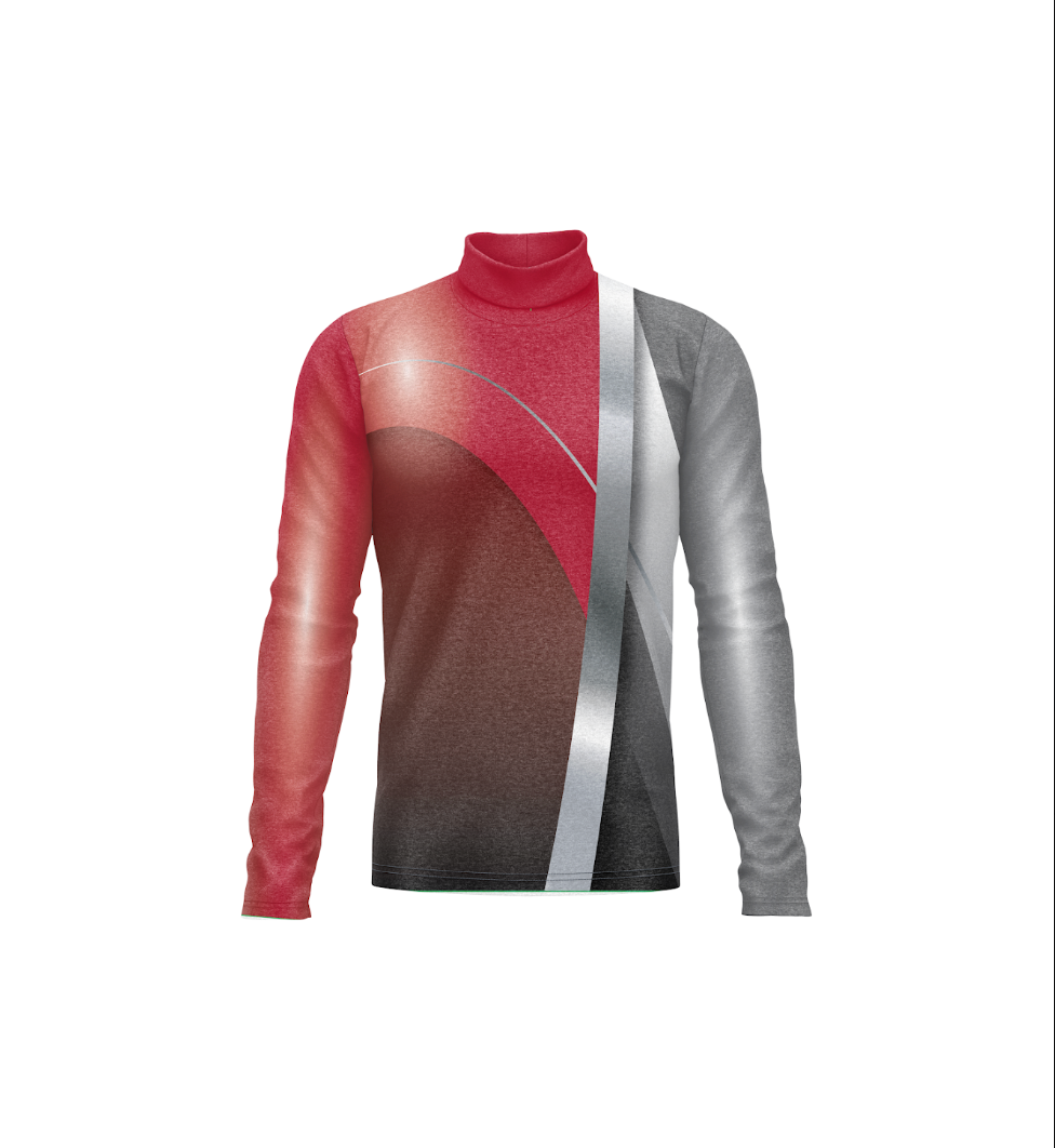 Color-blocked long-sleeve shirt with red, gray, and brown sections on a white background