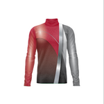 Color-blocked long-sleeve shirt with red, gray, and brown sections on a white background