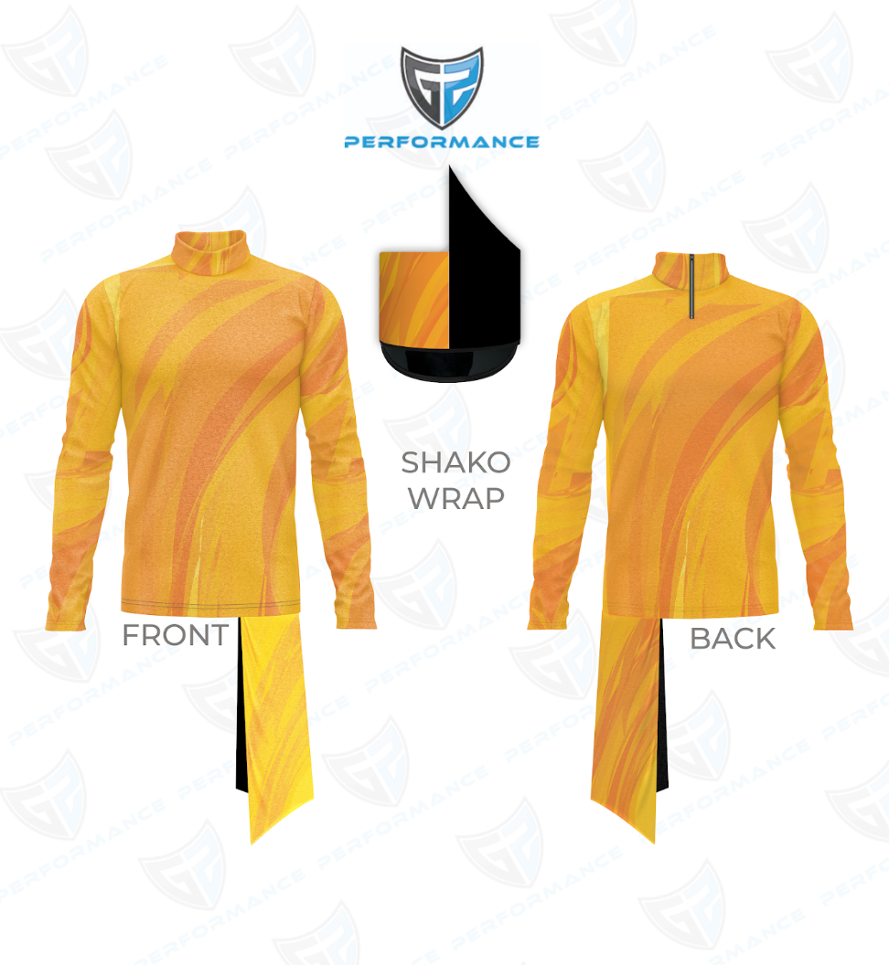 Yellow shako wrap with front and back views on a white background, featuring the Performance logo.