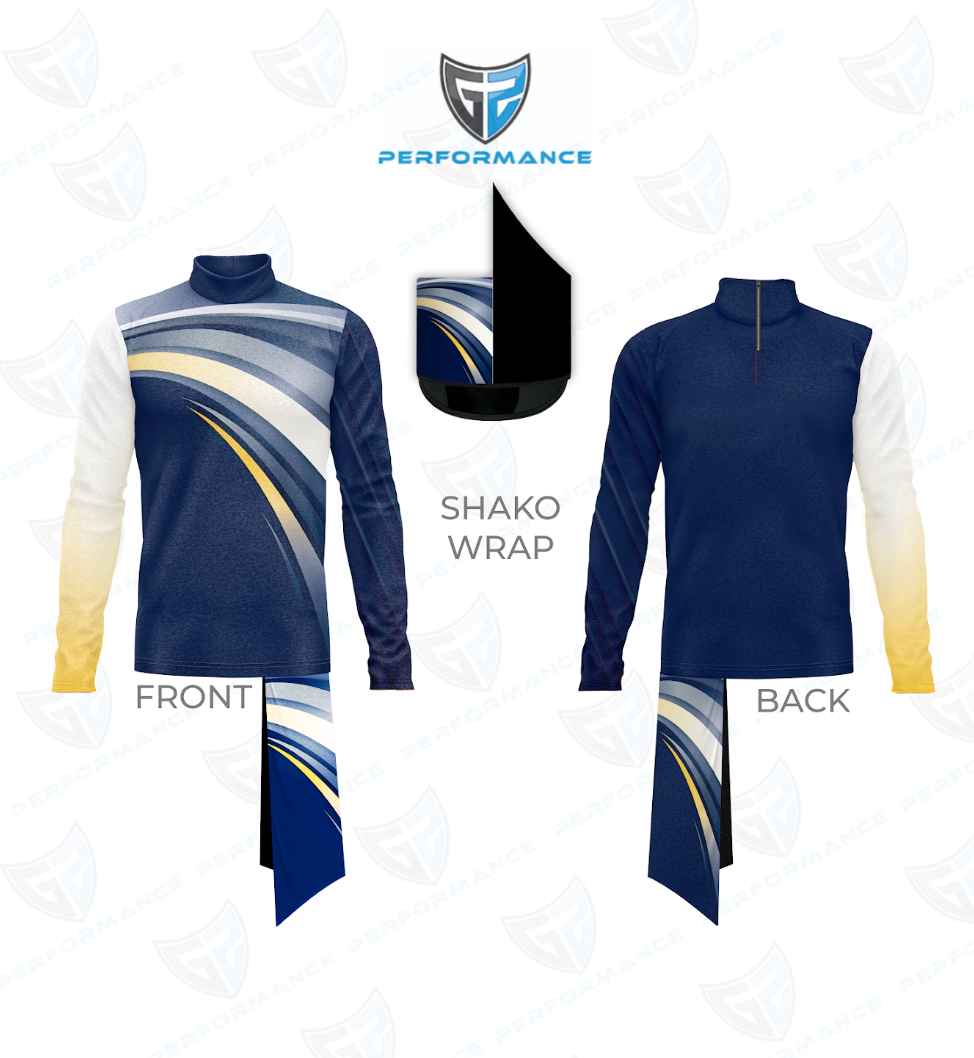 Navy and white long-sleeve shirt with gradient design, labeled 'Shako Wrap', on a white background.