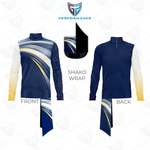 Navy and white long-sleeve shirt with gradient design, labeled 'Shako Wrap', on a white background.