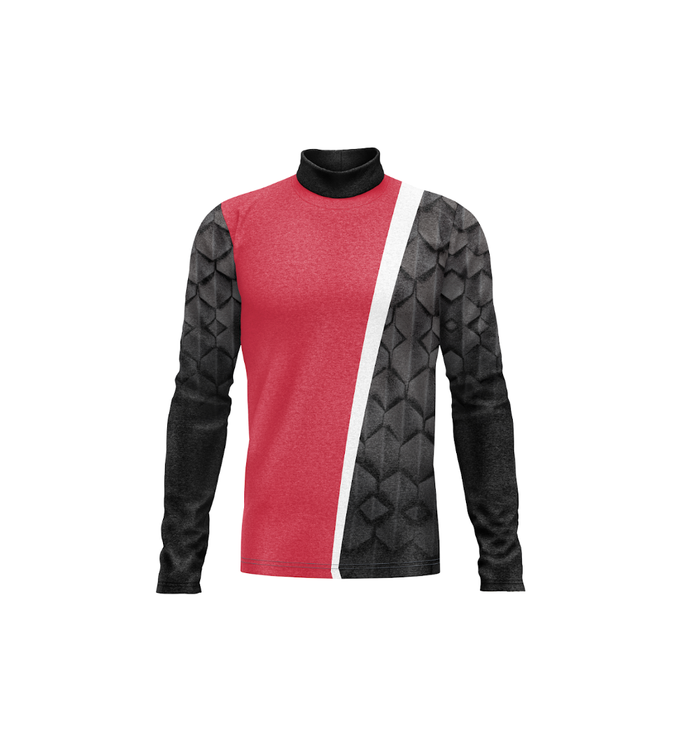 Sweater with red center, black sleeves, and geometric pattern on a white background