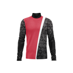 Sweater with red center, black sleeves, and geometric pattern on a white background