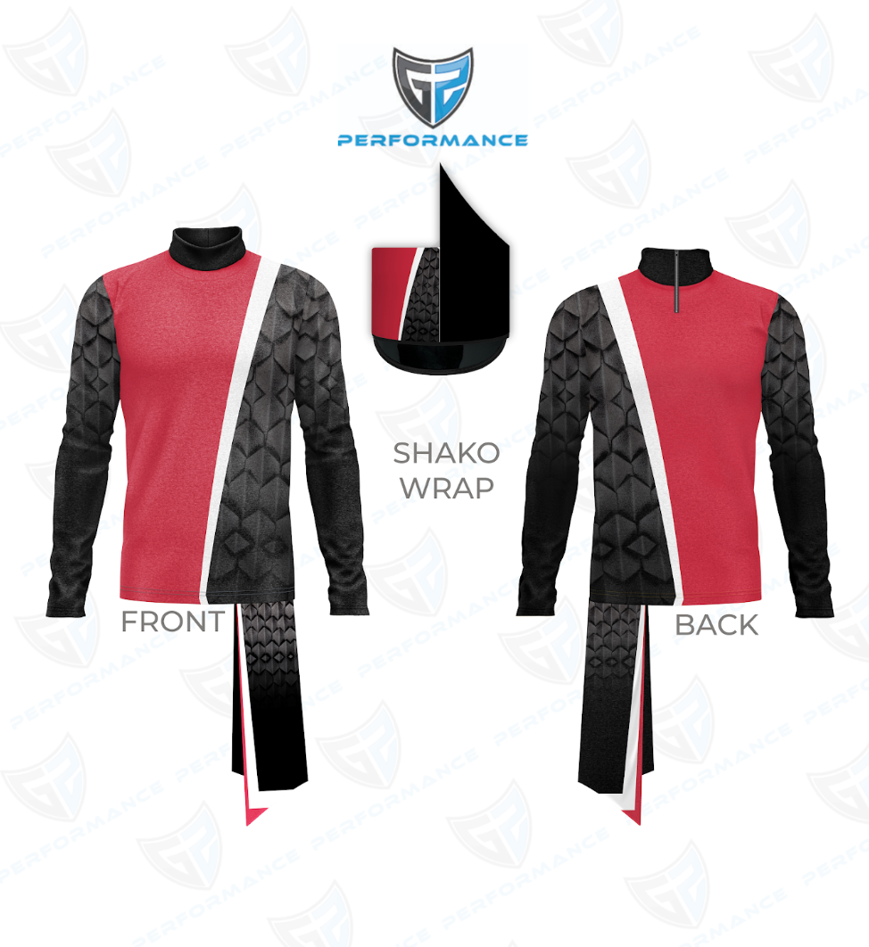 Red and black uniform with shako wrap design on a white background, featuring 'Performance' branding.