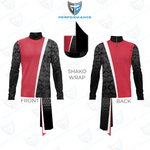 Red and black uniform with shako wrap design on a white background, featuring 'Performance' branding.