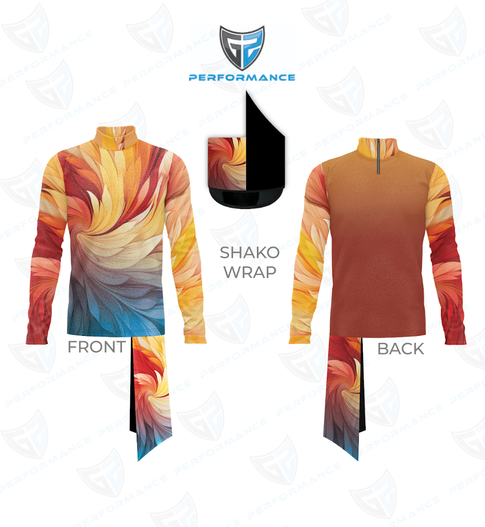 Colorful shako wrap with front and back views on a white background, featuring the Performance logo.