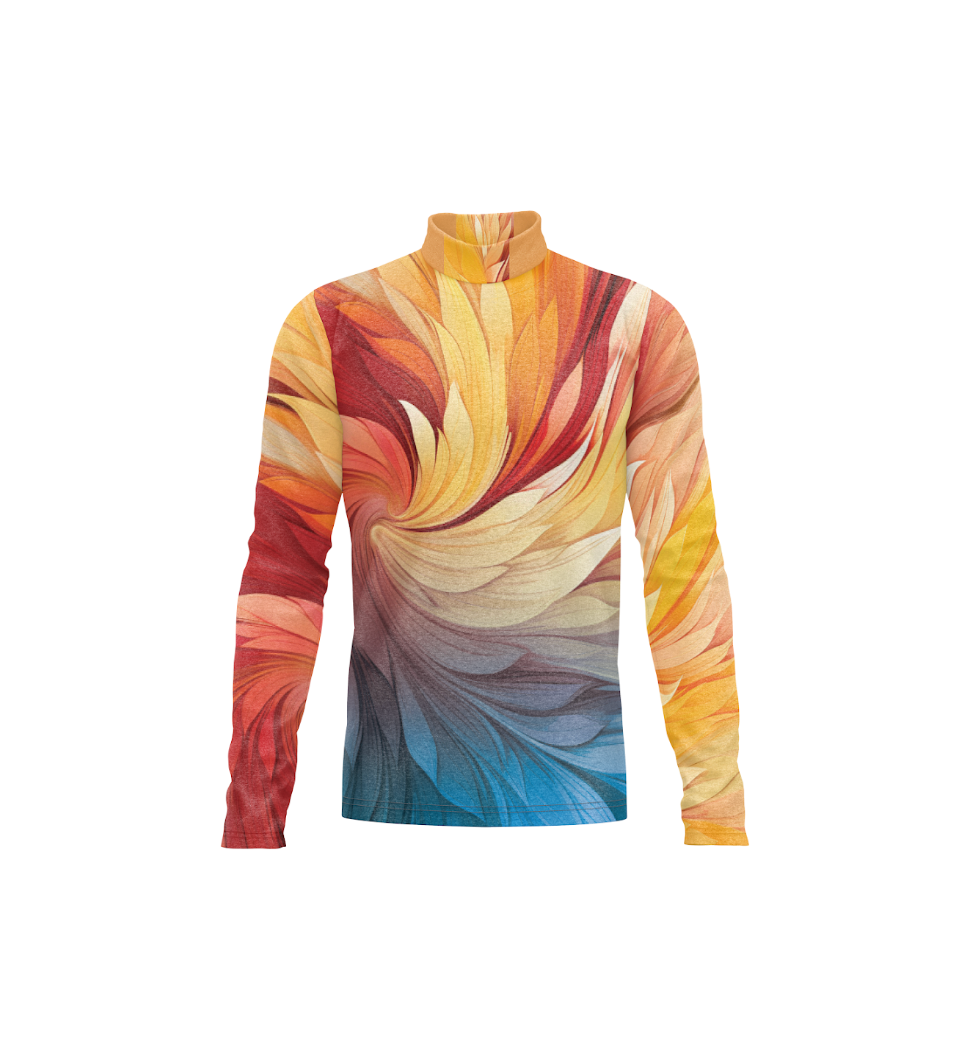 Colorful long-sleeve shirt with a swirling pattern on a white background