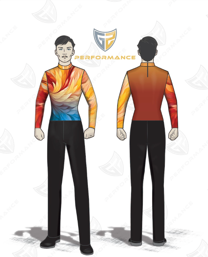 Colorful athletic outfit with a gradient design on a white background, featuring the 'GP Performance' logo.