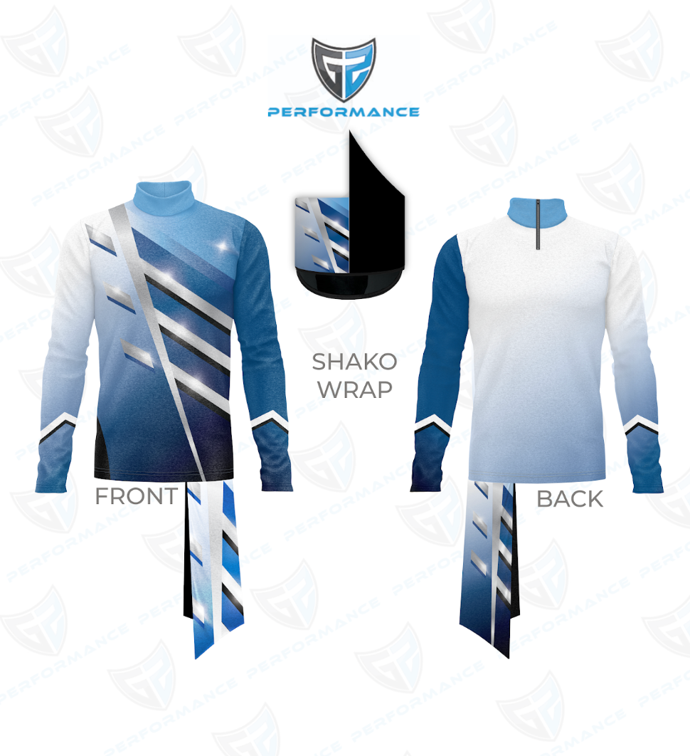 Blue and white athletic jacket with front, back, and shako wrap views on a white background.