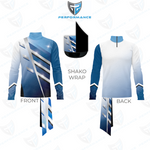 Blue and white athletic jacket with front, back, and shako wrap views on a white background.