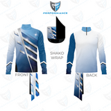 Blue and white athletic jacket with front, back, and shako wrap views on a white background.