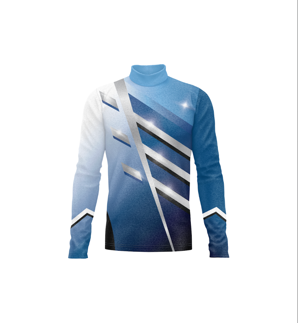Blue and white long-sleeve shirt with geometric pattern on a white background