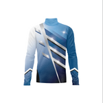Blue and white long-sleeve shirt with geometric pattern on a white background