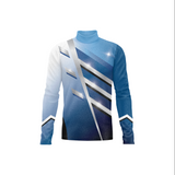 Blue and white long-sleeve shirt with geometric pattern on a white background