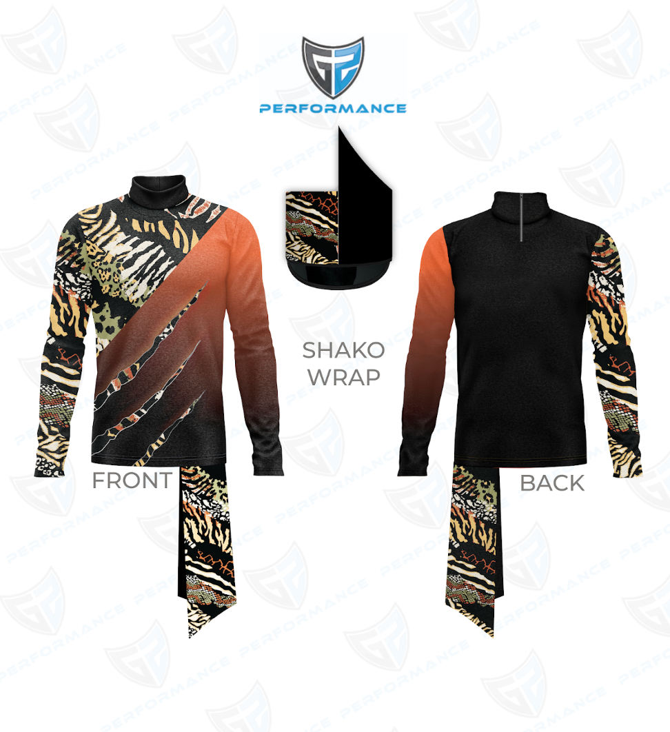 Front and back views of a long-sleeve performance top with a shako wrap design, featuring a black body, brown gradient chest, and tiger-print patterned sleeves and lower hem, shown on a white background with a logo at the top.