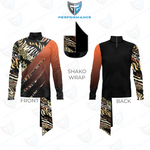 Front and back views of a long-sleeve performance top with a shako wrap design, featuring a black body, brown gradient chest, and tiger-print patterned sleeves and lower hem, shown on a white background with a logo at the top.