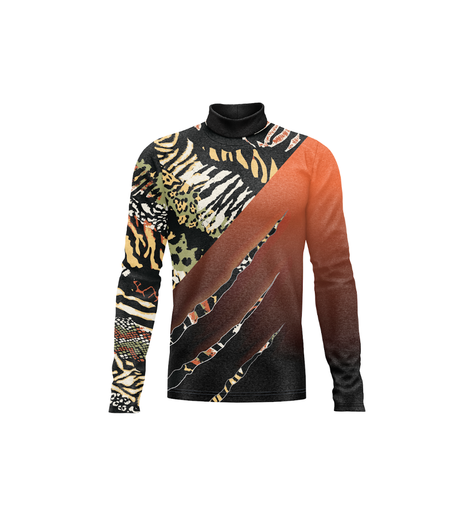 A long-sleeve mock neck athletic top featuring a split design: one side displays a black, beige, and brown animal print pattern, while the other side features a diagonal orange-to-black gradient with claw-like scratch marks, set against a plain white background.
