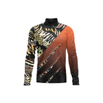 A long-sleeve mock neck athletic top featuring a split design: one side displays a black, beige, and brown animal print pattern, while the other side features a diagonal orange-to-black gradient with claw-like scratch marks, set against a plain white background.