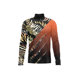 A long-sleeve mock neck athletic top featuring a split design: one side displays a black, beige, and brown animal print pattern, while the other side features a diagonal orange-to-black gradient with claw-like scratch marks, set against a plain white background.