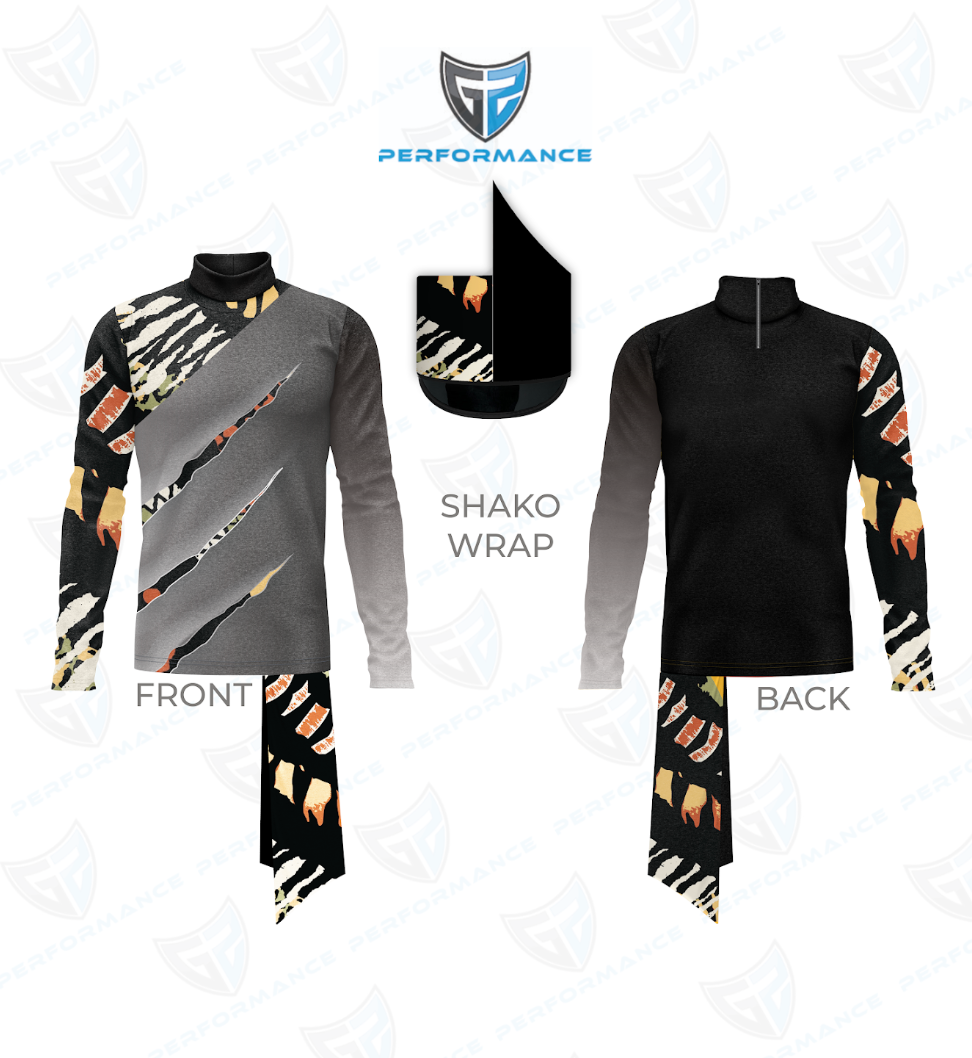 A performance long-sleeve athletic top shown from the front and back, with a black and gray body and a bold abstract patterned sleeve and lower hem. A small inset shows the shako wrap detail.