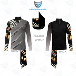 A performance long-sleeve athletic top shown from the front and back, with a black and gray body and a bold abstract patterned sleeve and lower hem. A small inset shows the shako wrap detail.