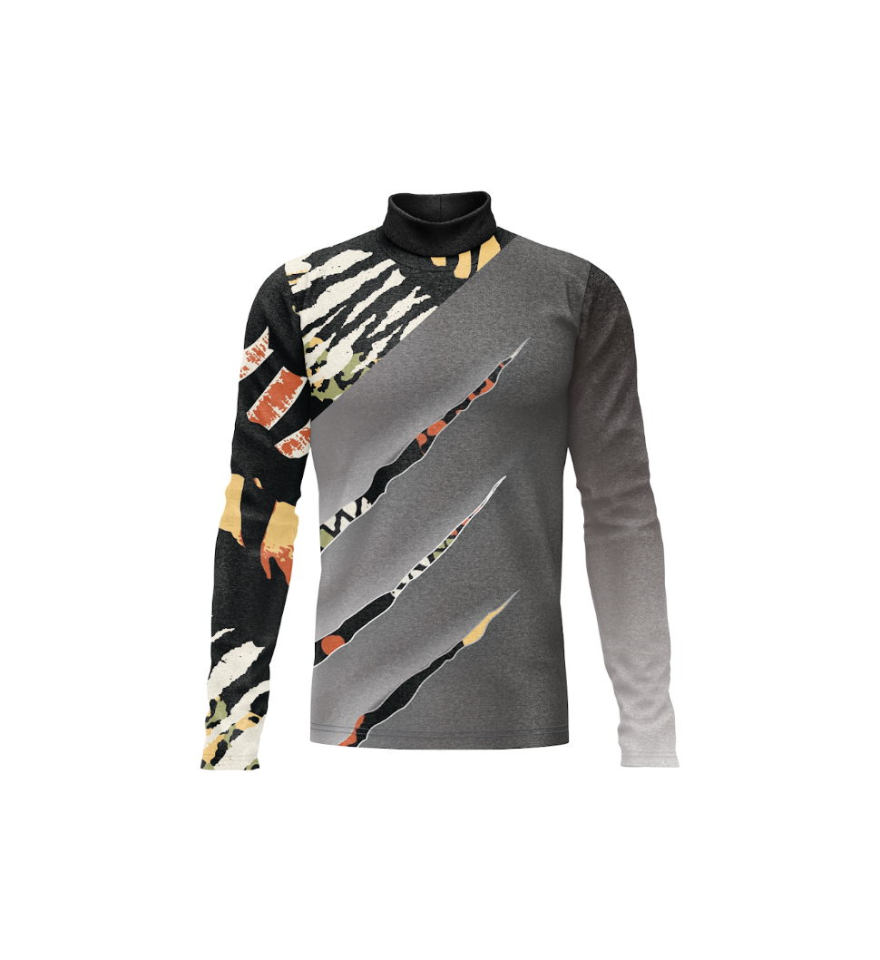 A long-sleeve athletic top with a mock neck, featuring a gray body with diagonal claw-print graphics in black, beige, and orange-brown, and a black patterned right sleeve.