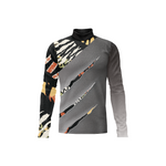 A long-sleeve athletic top with a mock neck, featuring a gray body with diagonal claw-print graphics in black, beige, and orange-brown, and a black patterned right sleeve.