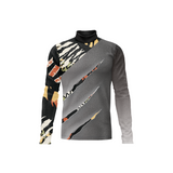 A long-sleeve athletic top with a mock neck, featuring a gray body with diagonal claw-print graphics in black, beige, and orange-brown, and a black patterned right sleeve.