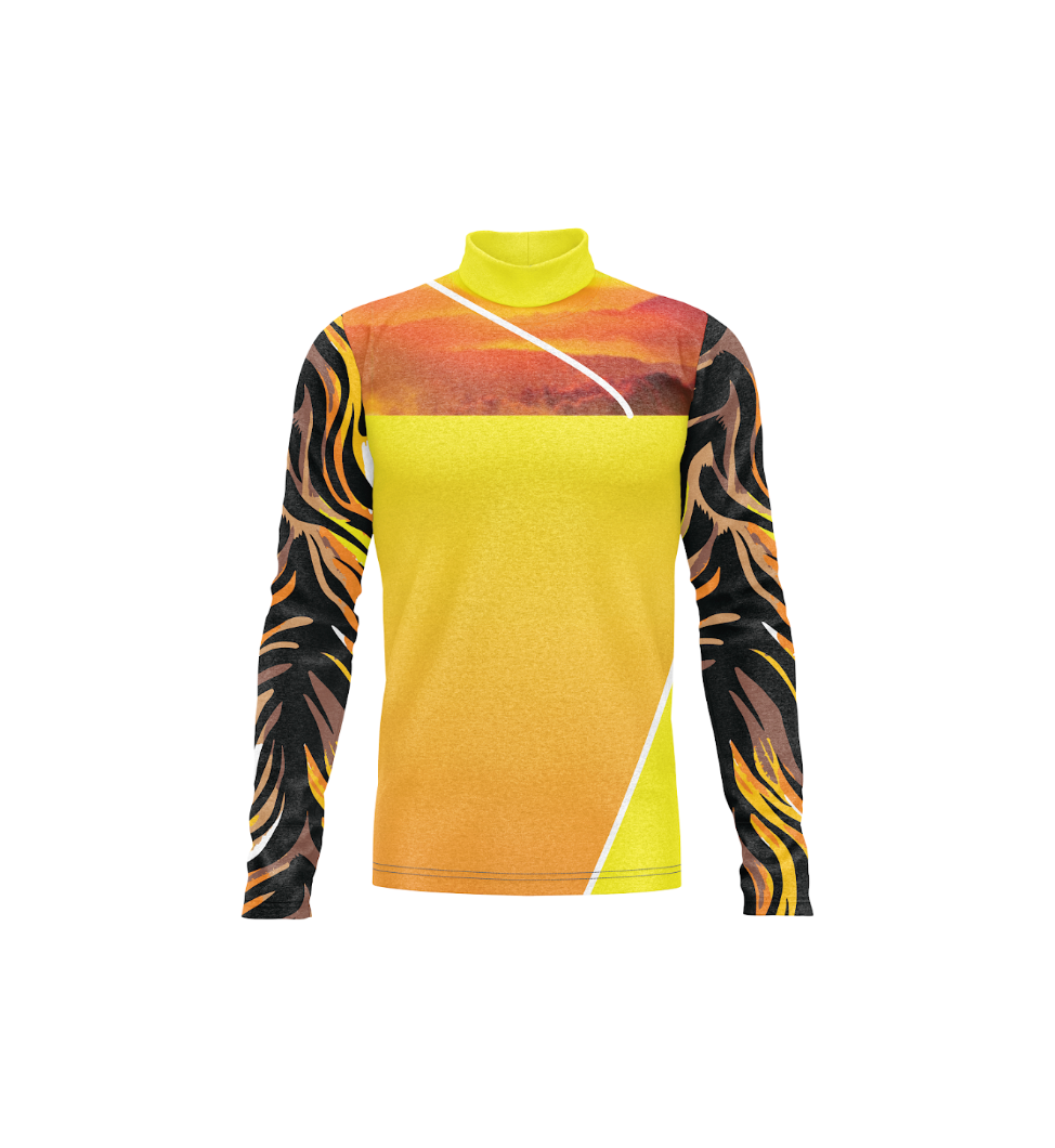 A long-sleeve athletic jersey shown from the front and back with a wrap-style collar, featuring a bright yellow body with a warm gradient and flame-like black.