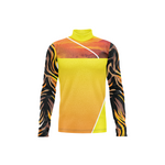 A long-sleeve athletic jersey shown from the front and back with a wrap-style collar, featuring a bright yellow body with a warm gradient and flame-like black.