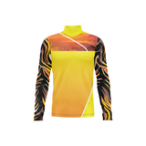 A long-sleeve athletic jersey shown from the front and back with a wrap-style collar, featuring a bright yellow body with a warm gradient and flame-like black.